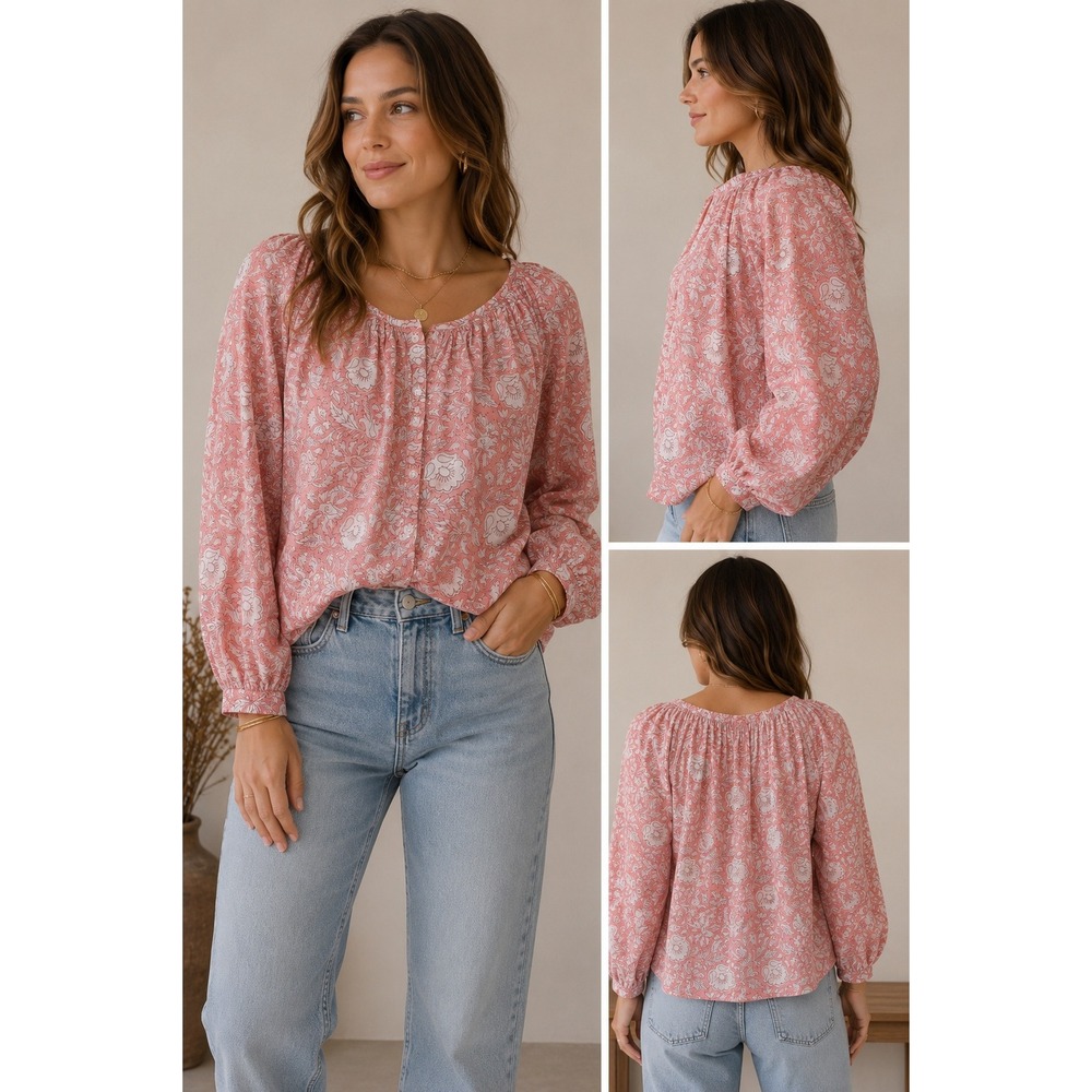 Emerson Fry India Collection Crocus Bardot Top Floral Peasant Blouse Pink XS